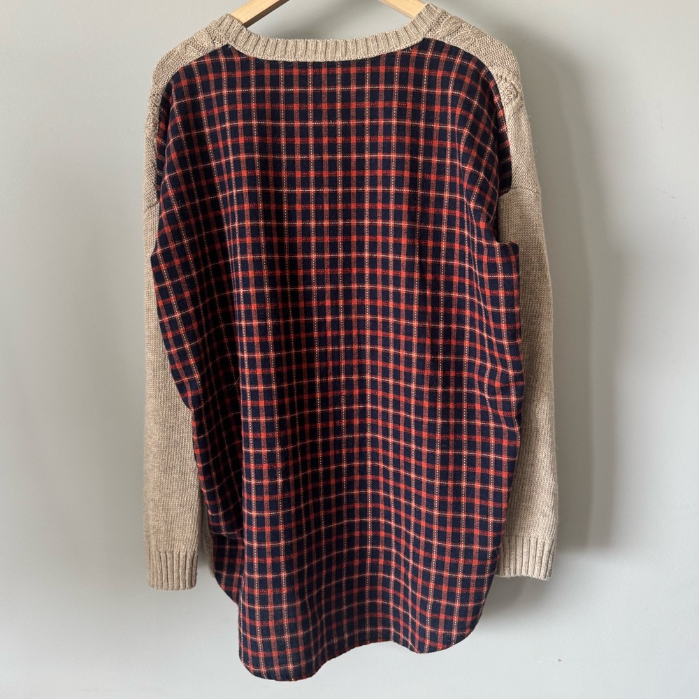Mystree Cable Knit Sweater Flannel Plaid Back Beige Rust Large - Picture 3 of 10